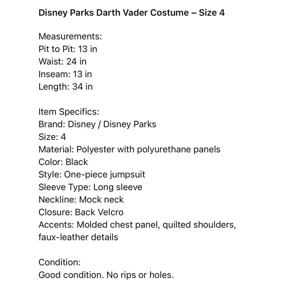 Disney Parks Darth Vader Costume Jumpsuit Black Silver‎ Size 4 Star Wars - Picture 2 of 10
